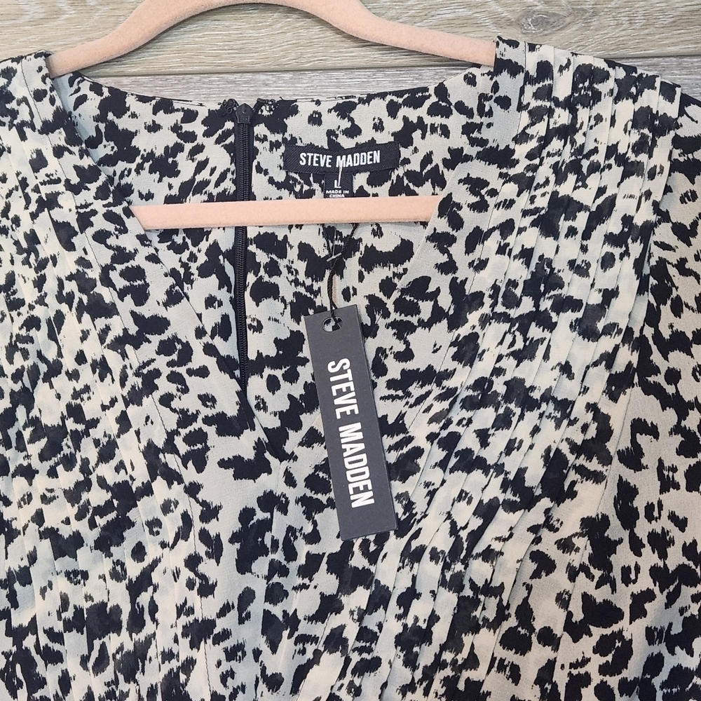 Steve Madden Rami Cream And Black Long Sleeve Chiffon Ruffle Vneck Mini Dress L - Picture 3 of 11